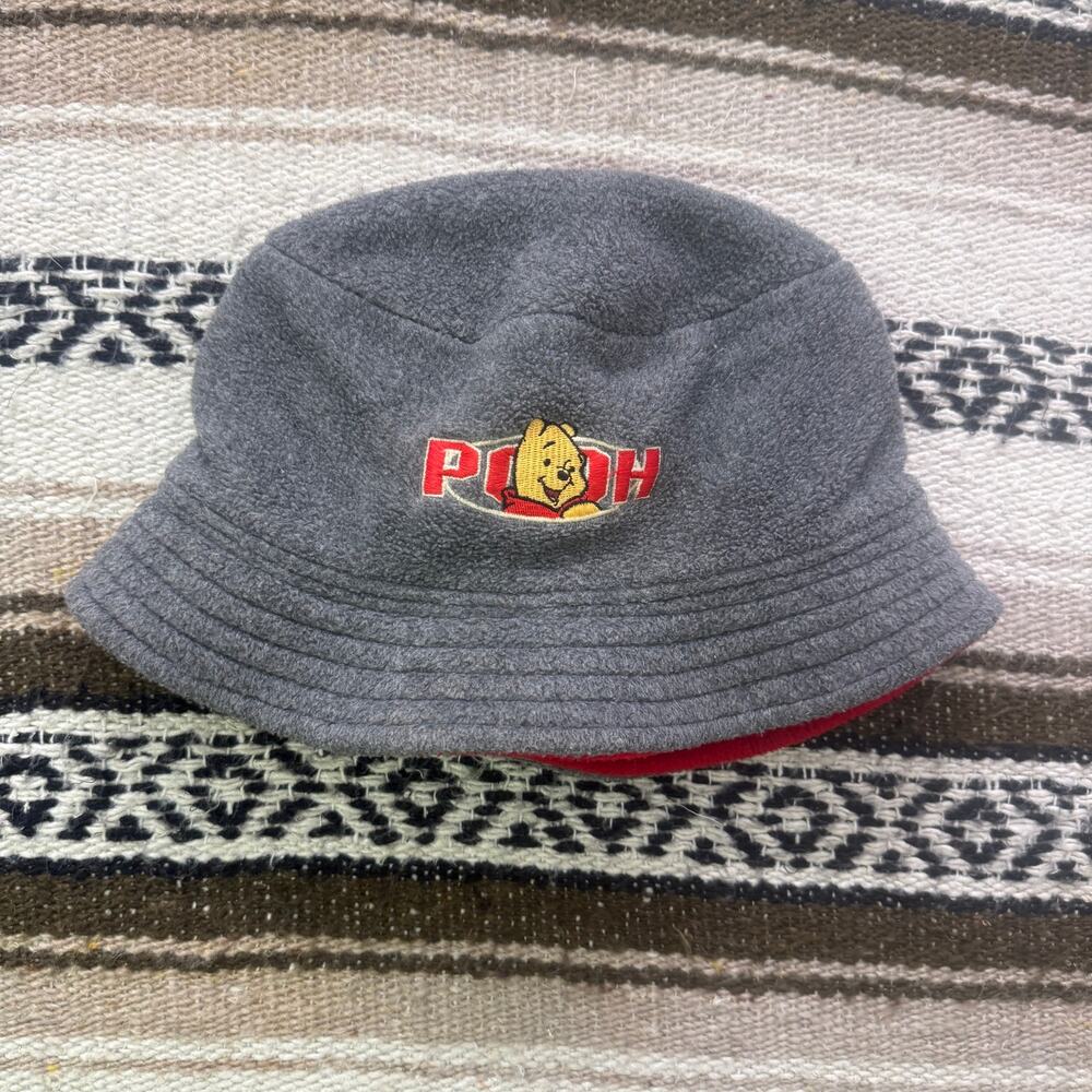 Adult Vintage 90's Disney Winnie the Pooh Gray Red Fleece Bucket Hat Sz S/M VTG